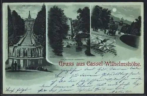 Mondschein-Lithographie Kassel-Wilhelmshöhe, Die Cascaden, der Aquaduct-Wasserfall