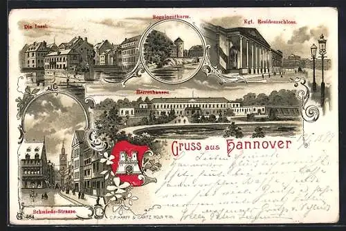 Lithographie Hannover, Beguinenthurm, Kgl. Residenzschloss, Herrenhausen, Schmiede-Strasse, die Insel