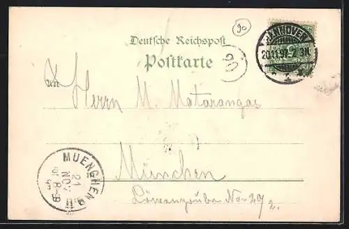 Lithographie Hannover, Bahnhof, Sachsenross, Königsstrasse und Post