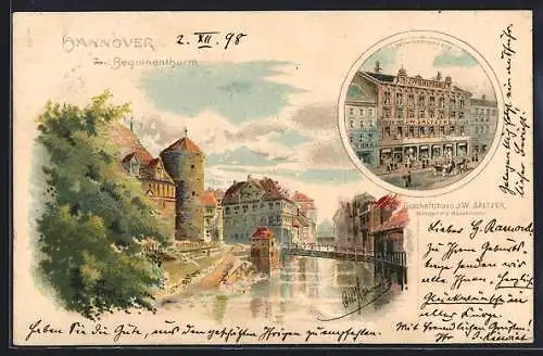 Lithographie Hannover, Geschäftshaus J. W. Sältzer in der Seilwinderstrasse, Beguinenthurm