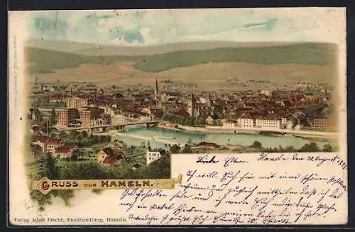 Lithographie Hameln, Totalansicht aus der Vogelschau