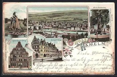 Lithographie Hameln, Totalansicht, Rattenfänger Haus, Hochzeits-haus, Gertrudenbrunnen