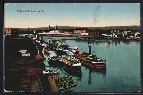 AK Hameln, Dampfschiffe im Hafen