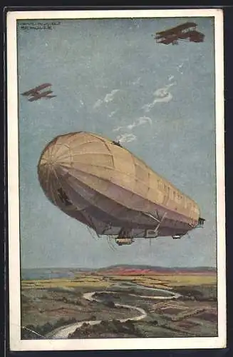 Künstler-AK Hans Rudolf Schulze: Zeppelin Militärluftkreuzer Hansa im Kampf mit feindlichen Fliegern