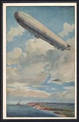 Künstler-AK Hans Rudolf Schulze: Reichsmarineluftschiff, Wacht an der deutschen Ostseeküste, Zeppelin