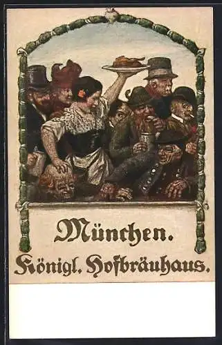 AK München, königl. Hofbräuhaus, Männer trinken Bier, Kellnerin