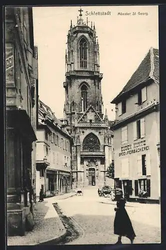 AK Schlettstadt, Münster St. Georg, Feinbäckerei Eugen Kuntz