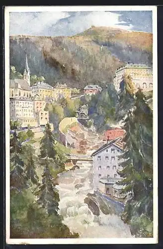 Künstler-AK Bad Gastein, Ortspartie mit Wasserfall