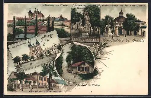 Lithographie Heiligenberg, Ansicht von oben, Kirchenportal, St. Anna Kapelle, Villa der schönen Aussicht