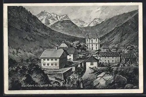 Künstler-AK Lofer bei Salzburg, Maria Kirchental mit Blick zur Kirche