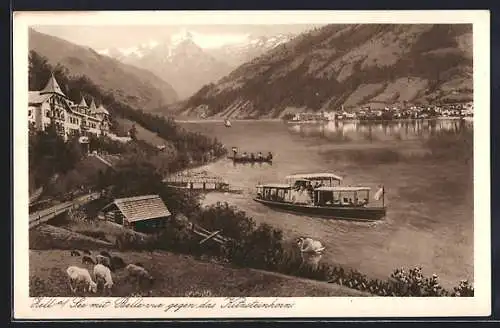 AK Zell am See, Seepartie mit Hotel Bellevue, Blick zum Kitzsteinhorn