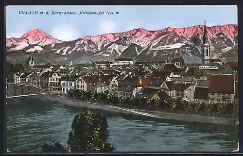AK Villach, Totalansicht mit Karawanken & Mittagskogel