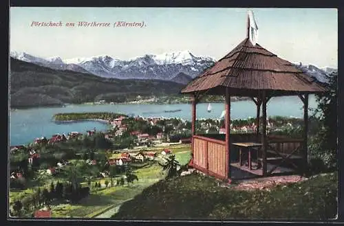 AK Pörtschach a. Wörthersee / Kärnten, Totalansicht mit Pavillon und Alpenkette