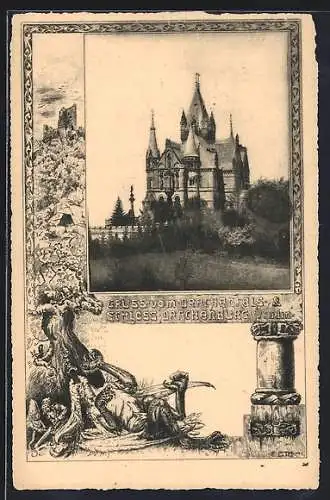 AK Drachenfels a. Rhein, Schloss im Passepartout mit Drachen