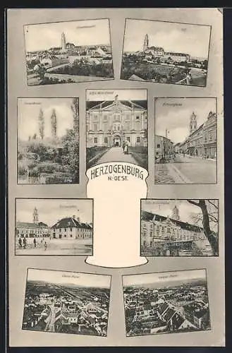 AK Herzogenburg, Kirchengasse, Rathausplatz, Traisenbrücke, Stift, Oberer und Unterer Markt