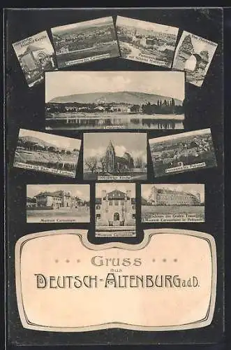 AK Deutsch-Altenburg a. d. D., Museum Carnumtum, Kirche, Friedhof-Kapelle, Panoramaansichten