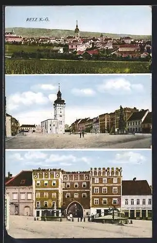 AK Retz, Gesamtansicht & Ortspartie mit Kirche und Café Karl Süss