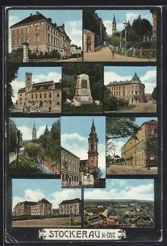 AK Stockerau, Kirche, Denkmal, Schule, Ortspartie, Strassenpartie