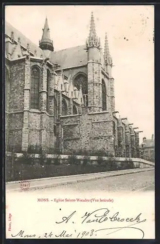 AK Mons, Eglise Sainte-Waudru, vue latérale