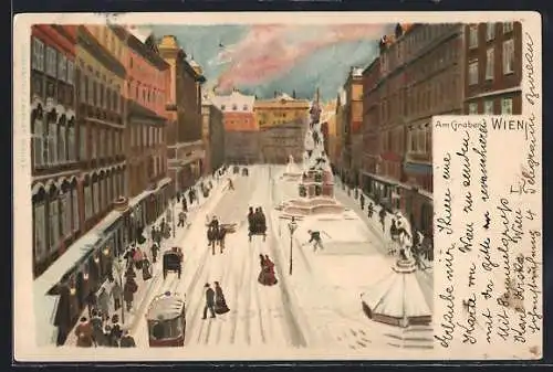 Lithographie Wien, Graben, Strassenpartie im Winter, Strassenbahn