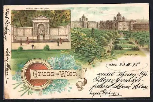 Lithographie Wien I, Grillparzer-Denkmal, Volksgarten