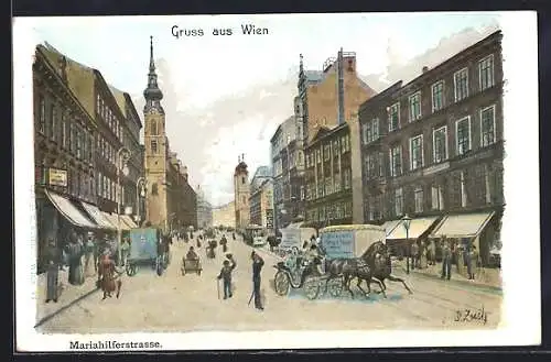 AK Wien, Blick in die Mariahilferstrasse mit Geschäften