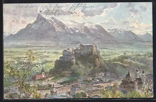 Künstler-AK Edward Harrison Compton: Salzburg, Ortsansicht mit Burg und Untersberg