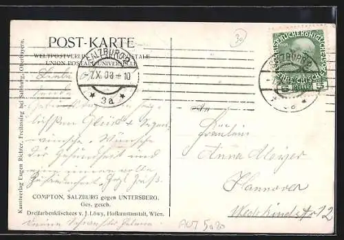 Künstler-AK Edward Harrison Compton: Salzburg, Ortsansicht mit Burg und Untersberg