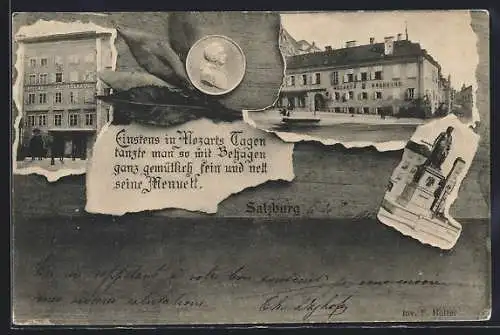 AK Salzburg, Mozarts Wohnhaus, Mozarts Geburtshaus, Mozart-Denkmal