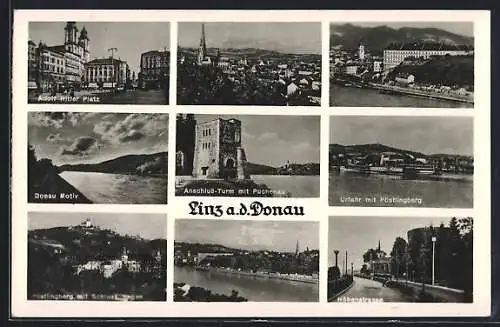 AK Linz a. d. Donau,  Platz, Höhenstrasse, Urfahr mit Pöstlingberg, Anschluss-Turm mit Puchenau