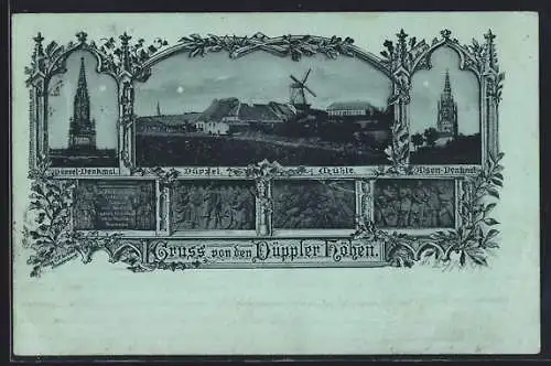 Mondschein-AK Düppel, Düppel-Mühle, Düppel-Denkmal und Alsen-Denkmal