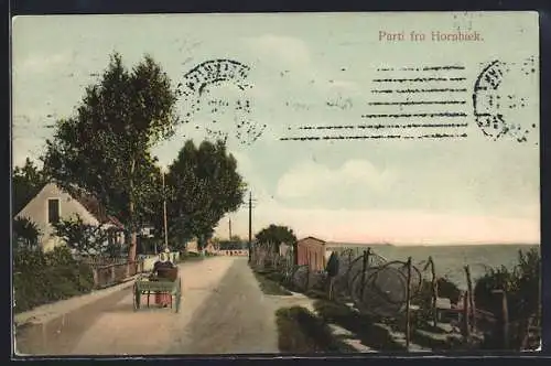 AK Hornbaek, Strassenpartie und Frau mit Wagen