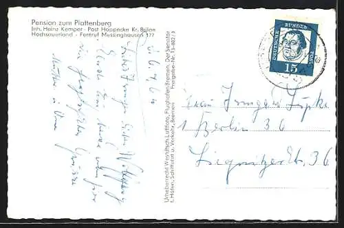 AK Hoppecke /Brilon, Pension zum Plattenberg, Inh. Heinz Kemper