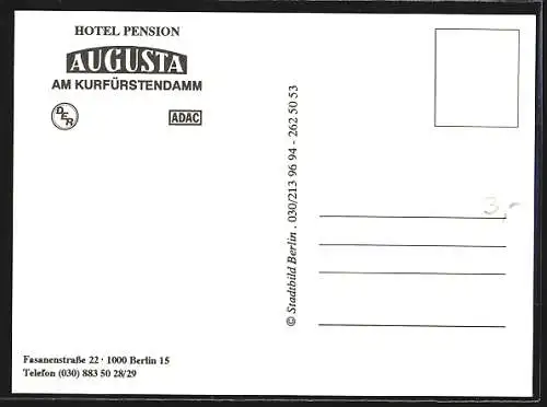 AK Berlin-Charlottenburg, Hotel Augusta, Aussen- und Innenaufnahmen, Fasanenstrasse 22