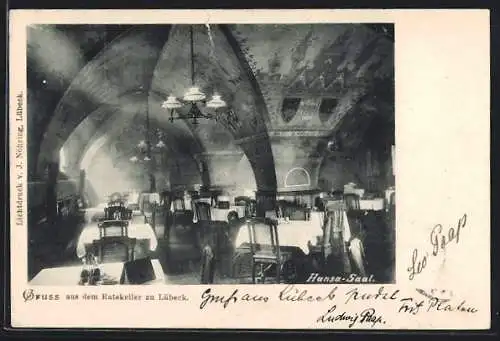 AK Lübeck, Restaurant Ratskeller, Innenansicht des Hansa-Saals