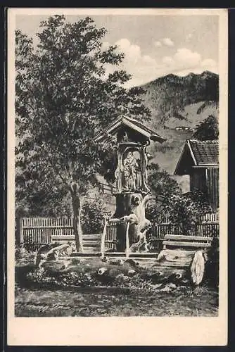 Künstler-AK Wertach /bayr. Allgäu, Brunnen am unteren Markt