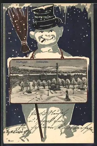 Grusskarten-AK Stuttgart, Schlossplatz im Winter, Schneemann-Passepartout