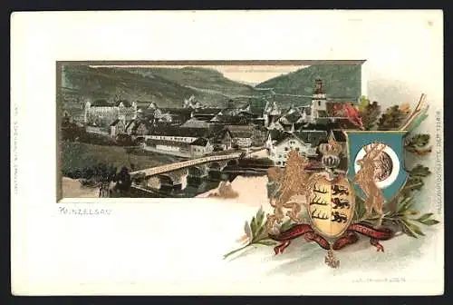 Passepartout-Lithographie Künzelsau, Ortsansicht aus der Vogelschau mit Wappen