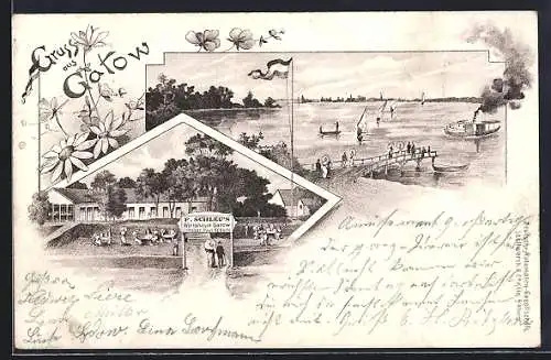 Lithographie Gatow, F. Schleu`s Gasthaus, Inh. Paul Krause