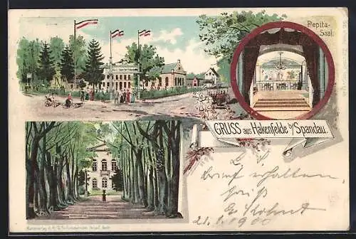 Lithographie Berlin-Hakenfelde, Innen- und Aussenansicht vom Gasthaus Waldschlösschen