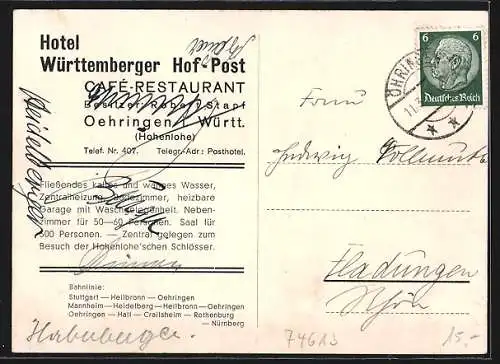 AK Oehringen i. Württ., Hotel Württemberger Hof-Post v. Robert Stapf mit Innenansichten