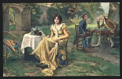 Künstler-AK Männer spielen im Garten Schach, Dame mit Hut sitzt am Nebentisch