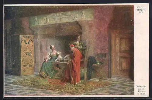 Künstler-AK sign. Carl Probst: Schachspiel zwischen einer Monarchin und einem Geistlichen