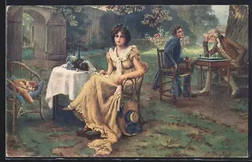 Künstler-AK Männer spielen im Garten Schach, Dame mit Hut sitzt am Nebentisch