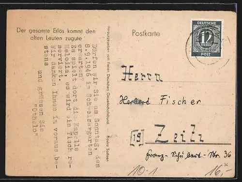 AK Altes Ehepaar schaut von der Parkbank in den Ort, FDGB Für einen frohen Lebensabend