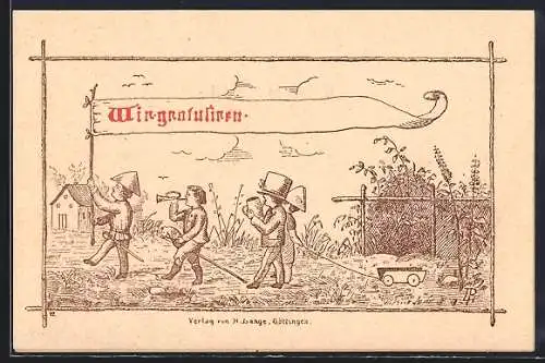 Lithographie Kleine Gratulanten bei festlichem Umzug, sehr früher Druck