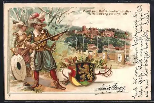 Lithographie Ganzsache PP15C29 /02: Heidelberg, 18. Verbands-Schiessen 1901, Schütze nach dem Schuss, Schloss