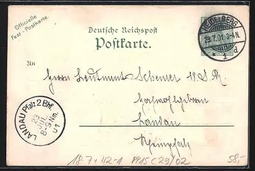 Lithographie Ganzsache PP15C29 /02: Heidelberg, 18. Verbands-Schiessen 1901, Schütze nach dem Schuss, Schloss