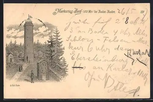 Lithographie Ganzsache PP9F328: Baden-Baden, Merkurius-Berg mit Aussichtsturm und Restaurant Merkur