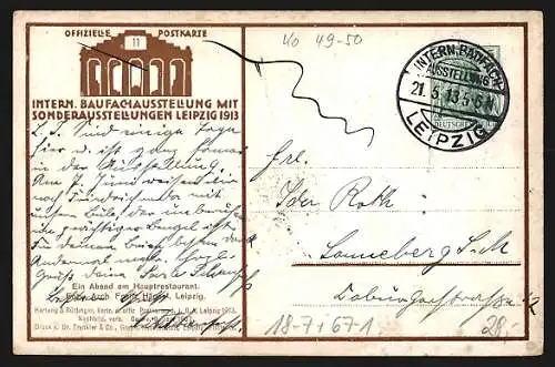 Künstler-AK Leipzig, Internationale Baufachausstellung 1913, Hauptrestaurant, Ganzsache